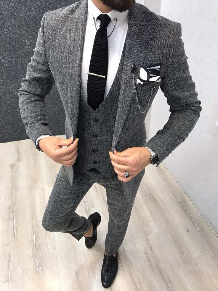 Gray Wool Suit For Business Casual, Gray Notch Lapel Suit For Business Casual, Business Casual Gray Suit In Suiting Fabric, Gray Suit For Business Casual, Tailored Gray Three-piece Suit For Office, Gray Tailored Three-piece Suit For Office, Gray Business Suits With Notch Lapel, Gray Business Casual Suit, Fitted Gray Winter Sets