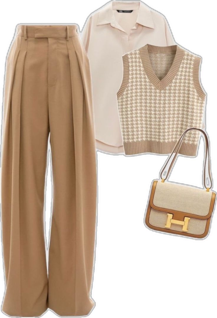 beige, cream and brown fall/ autumn outfit Style With Cream Pants, Khaki Trousers Outfit Aesthetic, Fall Outfits Beige Pants, Casual Cream Outfits, Brown And Creme Outfit, Brown Theme Outfit, Beige Brown Outfit Aesthetic, Cream And White Outfits For Women, Cream Set Outfit