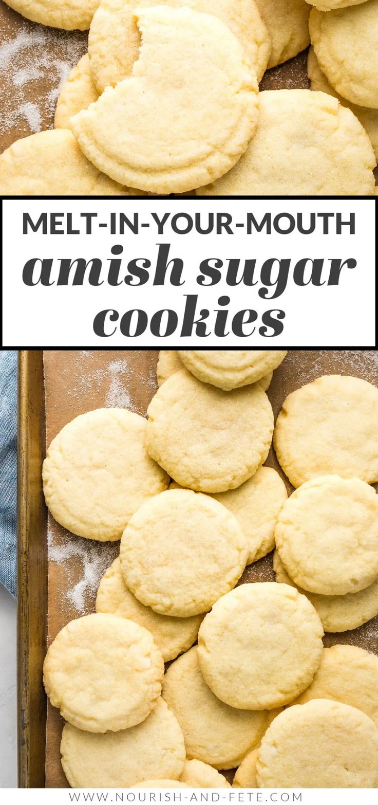 some cookies that are on top of a baking sheet with the words melt - in - your - mouth anish sugar cookies