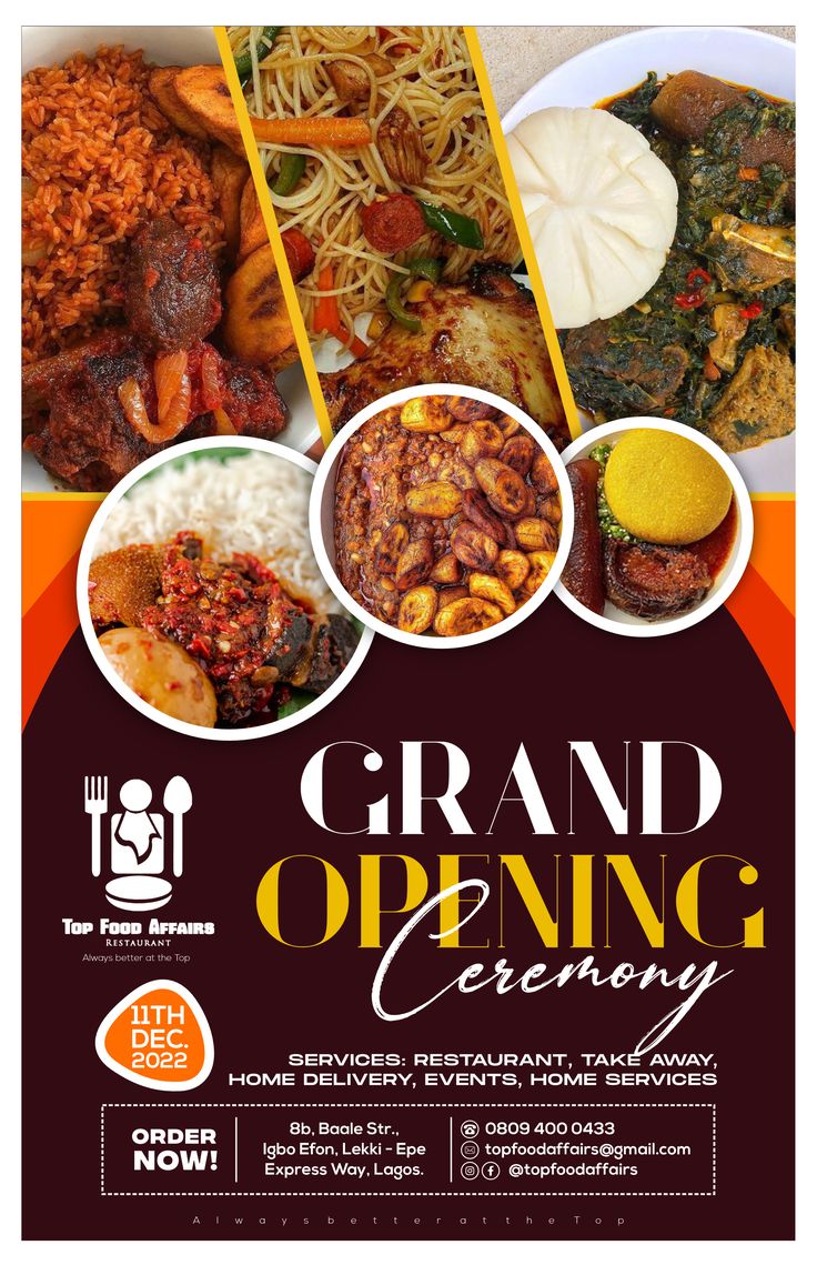 an advertisement for a restaurant called grand opening ceremony with pictures of food and drinks on it