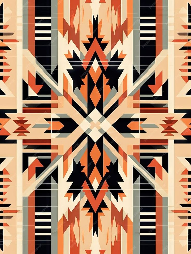 an orange and black abstract pattern with geometric shapes on the sides, including lines and triangles