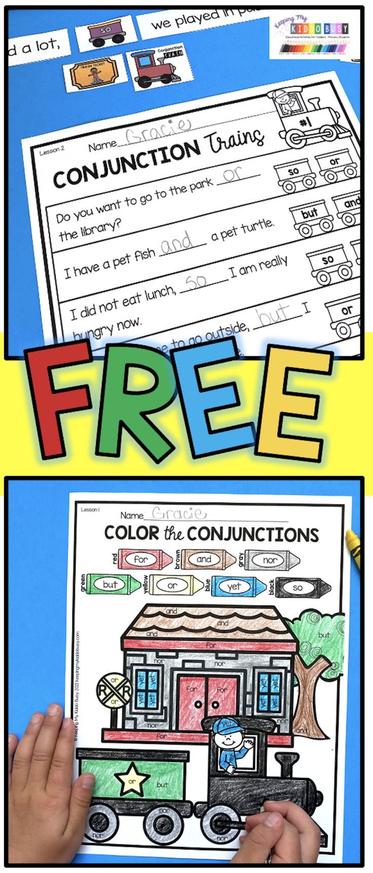 the free printable worksheet for conjunctions is shown in two different colors