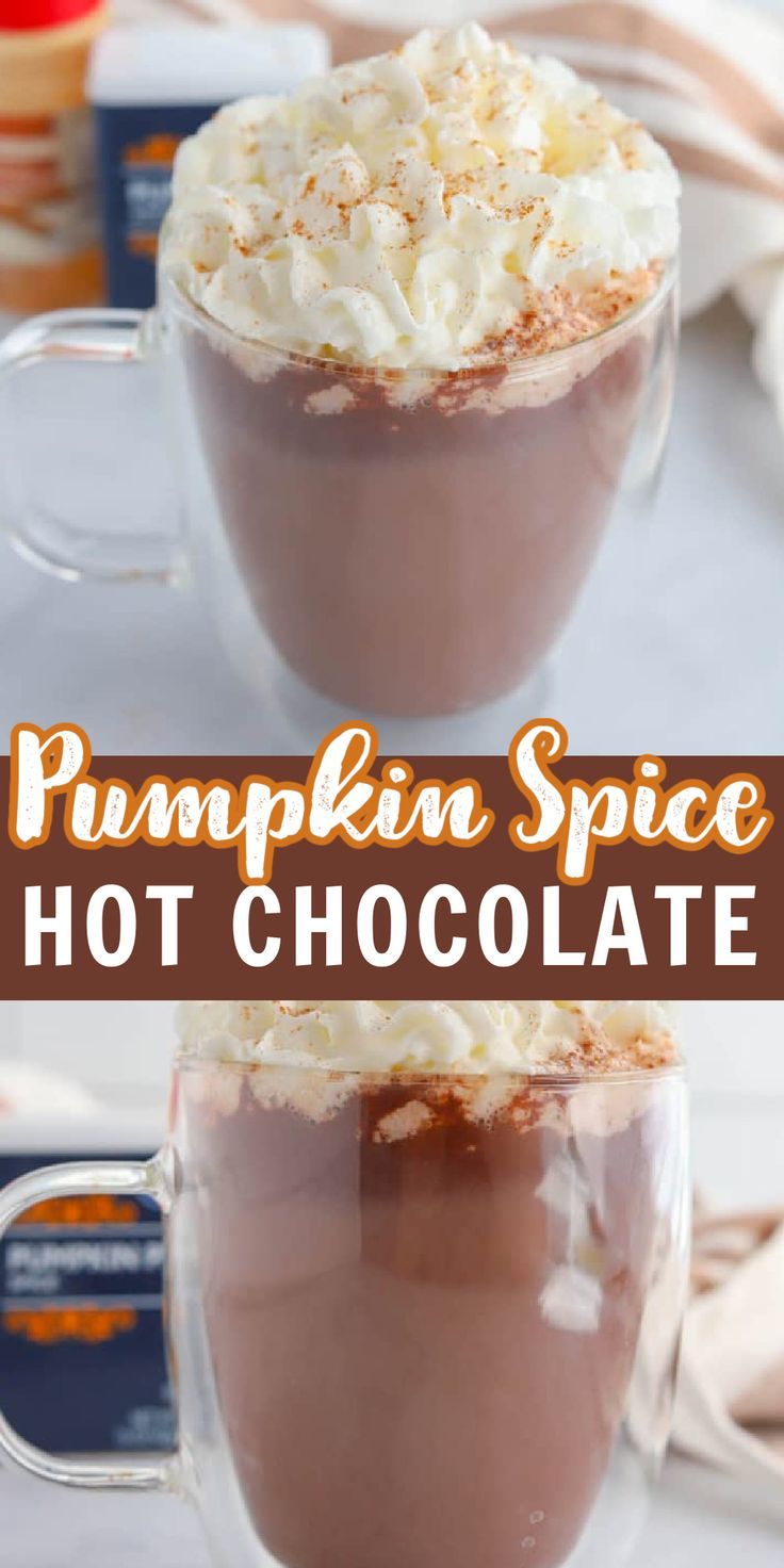 pumpkin spice hot chocolate in two mugs with whipped cream on top