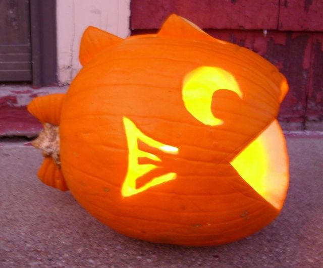 a pumpkin shaped like a fish on the ground