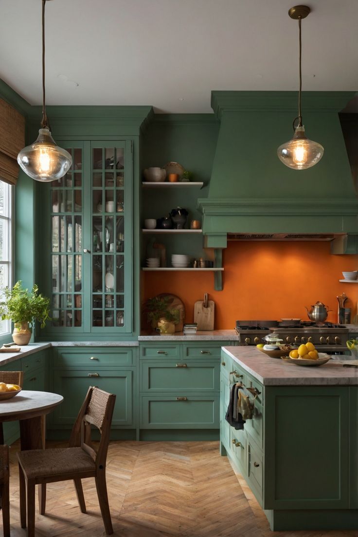 colorful light fixtures, kitchen lighting, pendant lighting, track lighting Dark Green And Orange Kitchen, Dark Orange Kitchen, Rustic Kitchen Decor Ideas, Coastal Chic Living Room, Light Oak Floors, Colorful Lighting, Wallpaper Kitchen, Orange Kitchen, Country Style Kitchen