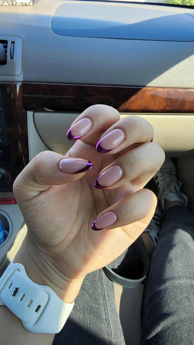 Purple Tips Almond Nails, Purple Chrome French Tip Nails Almond, Pink Sparkly French Tip Nails Almond, Nails For Concerts, Almond Purple French Tip Nails, Sparkly Purple French Tip Nails, Purple Almond French Tip Nails, Purple French Tips Almond, Purple French Tip Nails Square