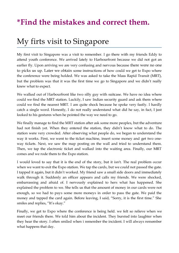 an article from the book,'find the mistakes and correct them my first visit to singapore