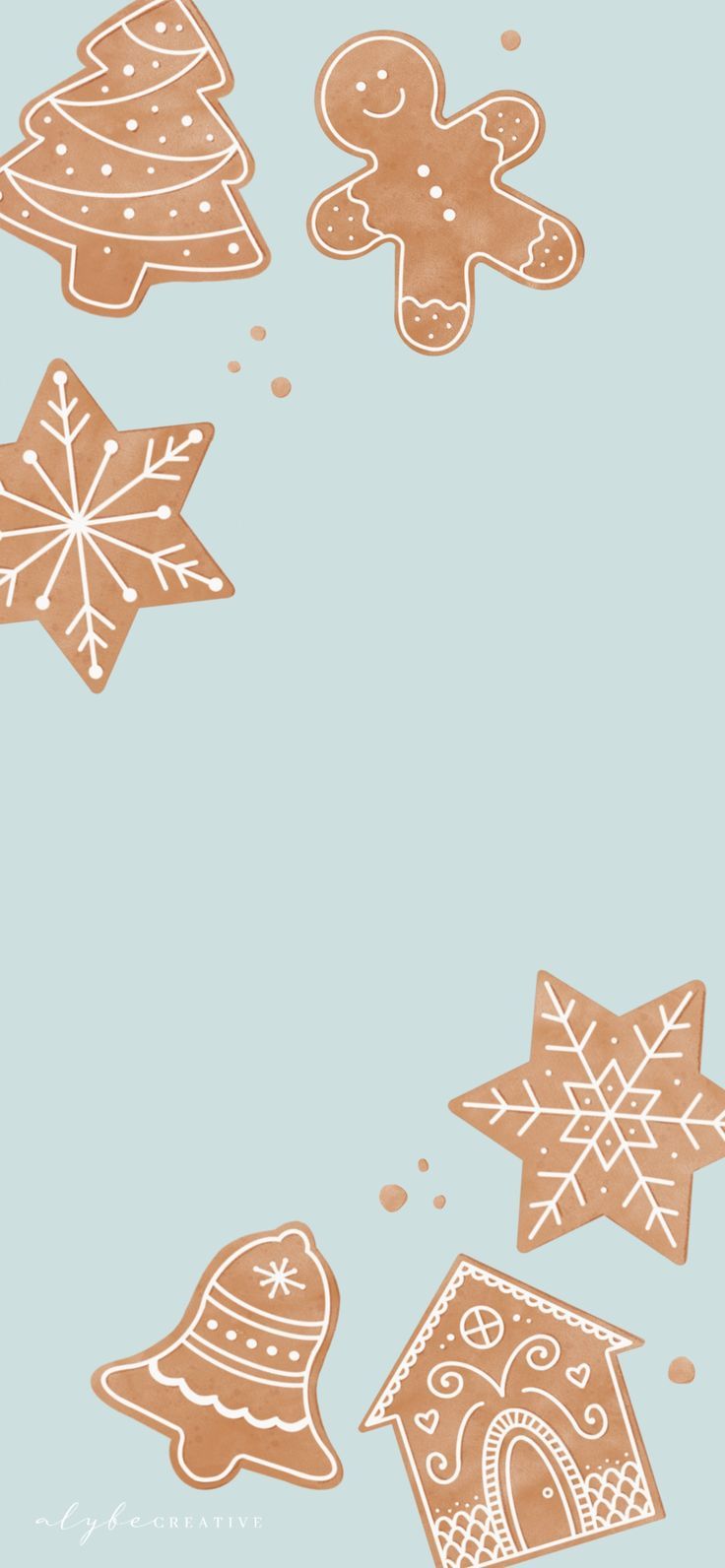 gingerbread cookies are flying in the air with snowflakes and stars around them