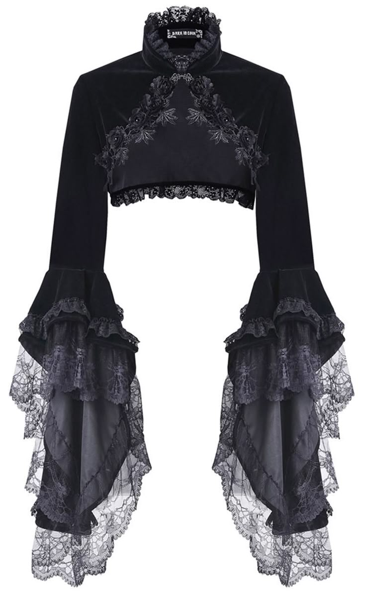 Dark In Love Black Velvet Bell Sleeve Bolero  Beautiful trad goth inspired bolero from Dark In Love. This gorgeous black velvet bolero is covered in detailing including a black lace trim, faux black rose... Velvet Bolero, Mode Steampunk, Dark In Love, Lace Bolero, Gothic Clothes, Gothic Outfits, Goth Outfits, Dark Fashion, Gothic Lolita