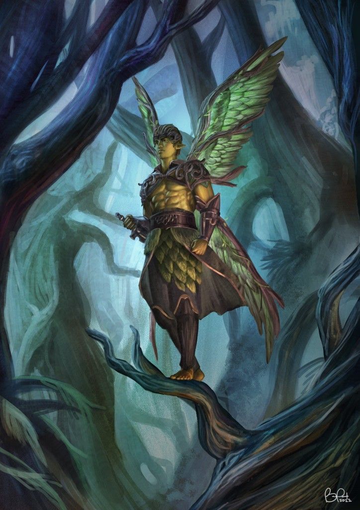 a painting of a man with wings standing on a tree branch