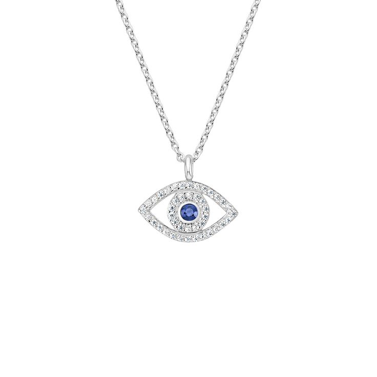 Evil Eye Sapphire and Diamond Pendant - Silver. An ancient symbol of protection, this delightfully chic pendant sparkles diamonds in the form of an evil eye with a sapphire in the center. Stylish and symbolic, this design is perfect on its own or easily matched with other necklaces (1/8 total carat weight). Symbolic Diamond Jewelry With Gemstones, Blue Diamond Evil Eye Jewelry, Luxury Diamond Jewelry With Evil Eye Detail, Luxury Sterling Silver Evil Eye Jewelry, Symbolic Diamond Pendant Necklace, Silver Diamond Evil Eye Jewelry, Luxury Evil Eye Pendant Jewelry, Silver Diamond Evil Eye Necklaces, Silver Evil Eye Diamond Necklace