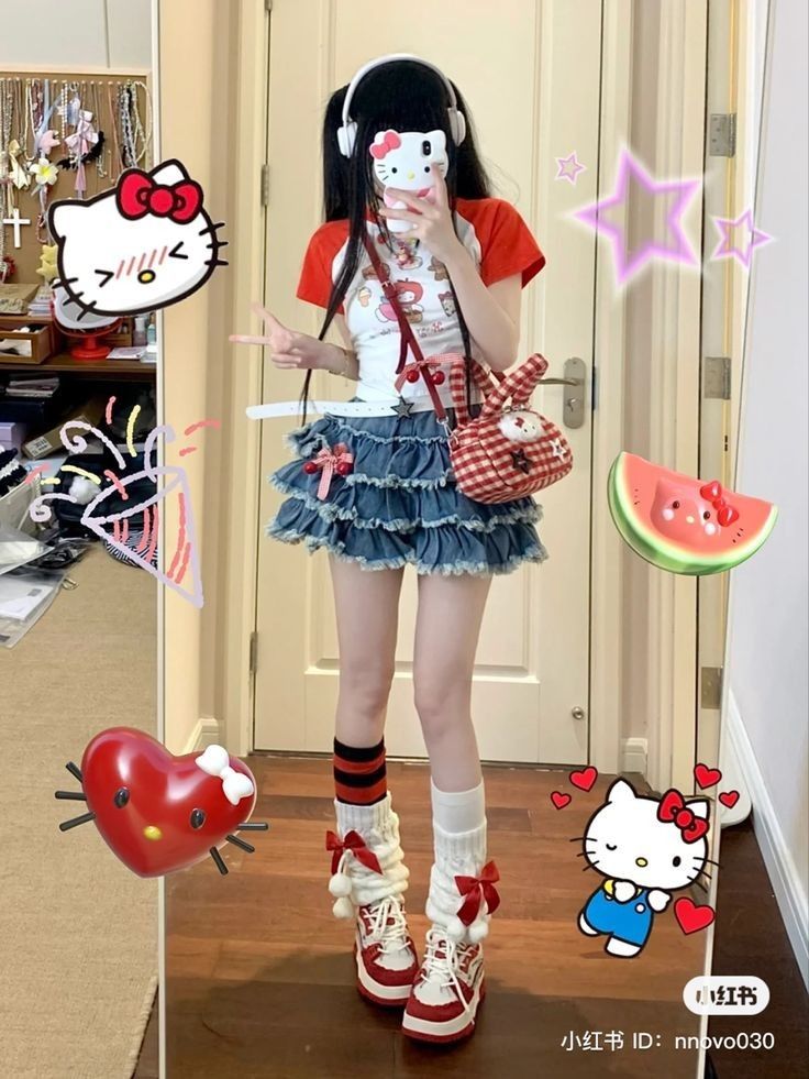 Hello Kitty Inspo Outfit, Kawaii Halloween Outfit, Decora Aesthetic Outfits, Hello Kitty Y2k Outfit, Sanrio Outfit Ideas, Hello Kitty Aesthetic Outfit, Hello Kitty Inspired Outfits, Hello Kitty Outfit Ideas, Kawaii Summer Outfits