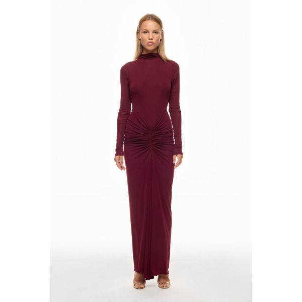 Red (95% Polyester, 5% Spandex). Gown. Mock Neck. Long Sleeve. Back zipper closure. Imported. Scorpio Dress, Spandex Gown, Ronny Kobo, Mock Neck Long Sleeve, Rent The Runway, Purple Dress, Mock Neck, High Neck, Spandex