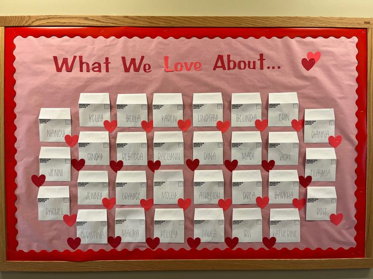 a bulletin board with hearts on it that says what we love about