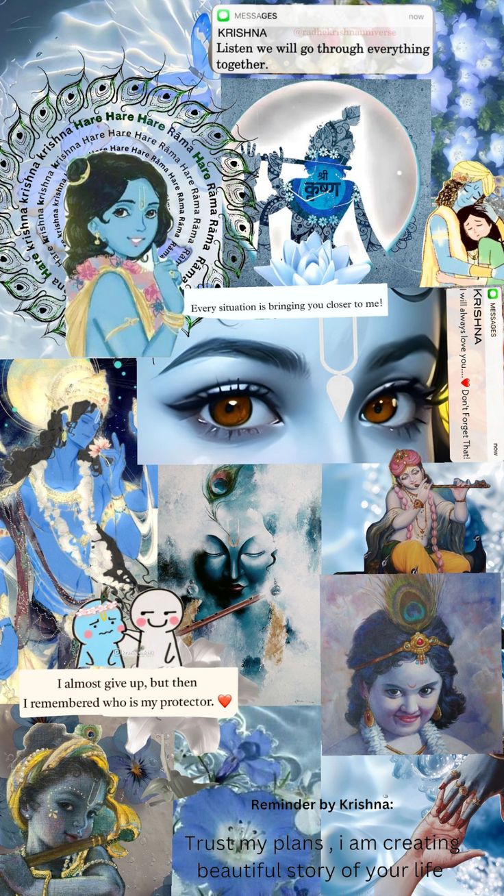 an artistic collage with many pictures and captions on the bottom right corner, in blue tones