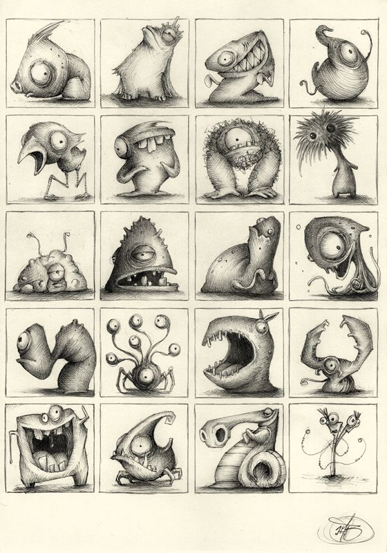 an image of various cartoon characters drawn in pencil on white paper with black and white ink