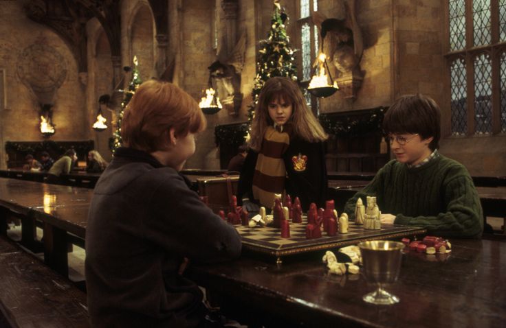 harry potter and hermione's hogwarts chess game in front of the christmas tree