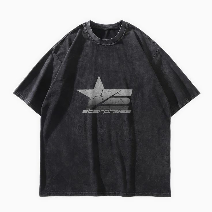 SP Logo Oversized Washed Graphic T-Shirt – Starphase Casual Tops With Star Logo For Streetwear, Oversized Graphic Design Tops For Streetwear, Oversized Logo Tops, Relaxed Fit Tops With Star Logo For Streetwear, Relaxed Fit Star Print Top For Streetwear, Oversized Washed Black Top With Graphic Design, Trendy Oversized T-shirt With Star Print, Oversized Black Graphic Design Tops, Black Star Logo Top For Streetwear