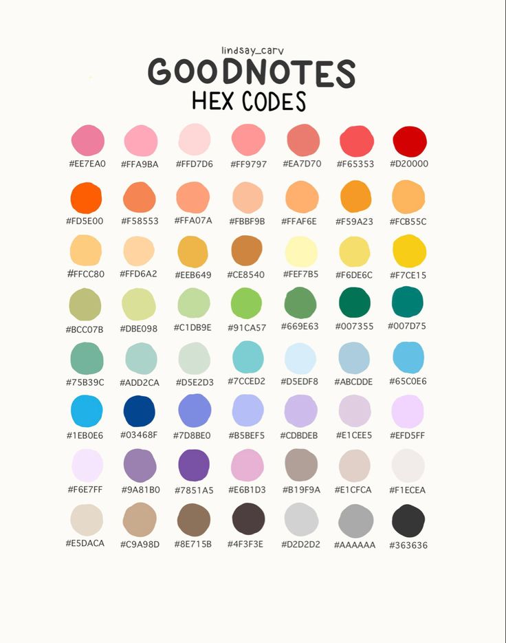 A colour palette for goodnotes users. Forty-nine colours including shades of pink, red, orange, yellow, green, blue, purple, brown, and grey.  Hex codes included for each colour, can be applied to both the pen and highlighter setting. Goodnote Pen Color, Ipad Notes Goodnotes Colors, Notability Hex Codes, Notability Color Palette Codes, Good Note Hex Code, Colour Palette Hex Codes Google Calendar, Aesthetic Colors With Hex Codes, Ipad Notes Color Palette, Ipad Hex Codes