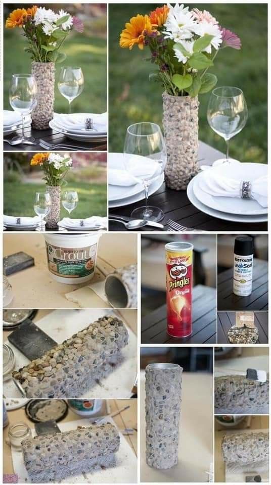 a collage of photos with flowers in a vase and rocks on the table for decoration