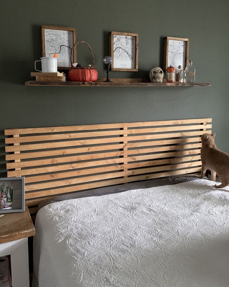 a cat sitting on top of a bed next to two framed pictures above the headboard