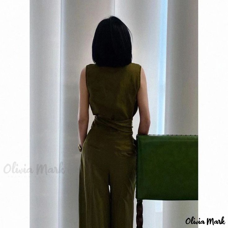 Olivia Mark - Chic Military Green Vest with Button Closure and Wide Leg Pants Set Chic Wide Leg Jumpsuits With Buttons, Chic Wide Leg Jumpsuits And Rompers With Buttons, Olive Pants For Summer Workwear, Khaki Workwear Pants With Buttons, Summer Button-up Workwear Pants, Summer Button-up Work Pants, Wide Leg Jumpsuits With Button Closure For Work, Green Wide Leg Jumpsuits For Work, Green Wide-leg Jumpsuit For Work