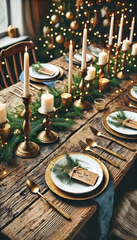 Brown Christmas Table Settings, New Eve Table Decor, Bohemian Christmas Table Setting, Christmas Dinner Table Settings Rustic, New Years Eve Dinner Table, New Year’s Eve Table Decor, Christmas Table Settings Rustic, Dressage Table, New Years Eve Table Setting