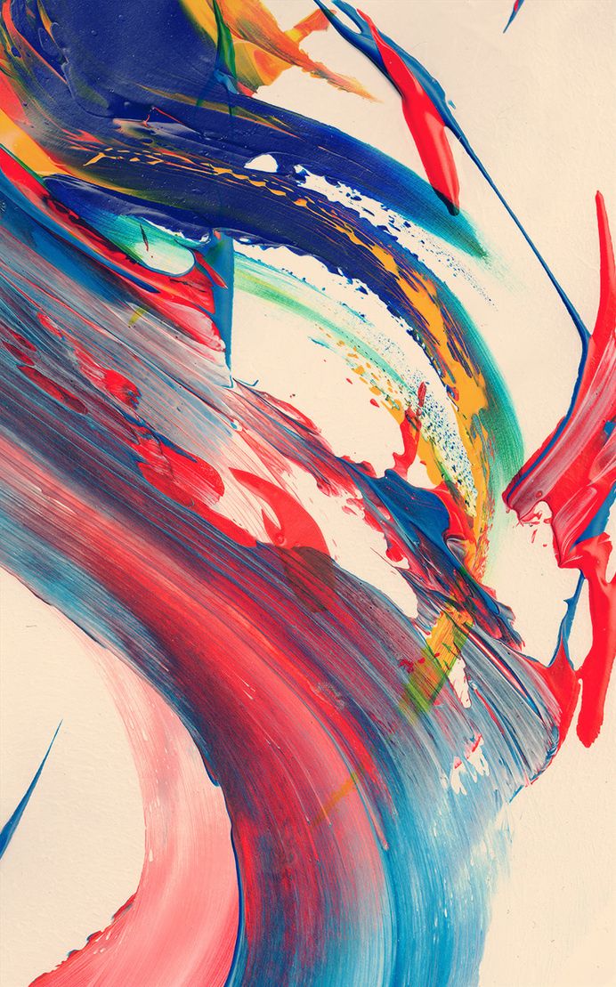 an abstract painting with blue, red, and yellow paint streaks on it's surface