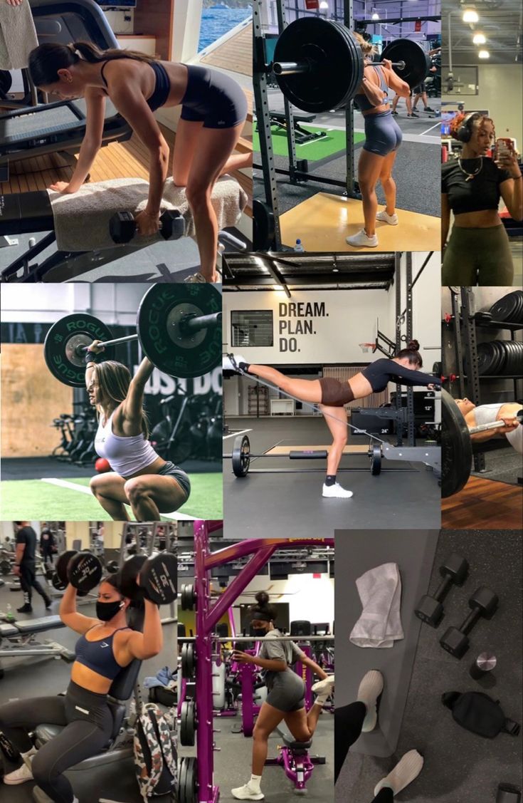 a collage of photos showing women working out and doing different things in the gym