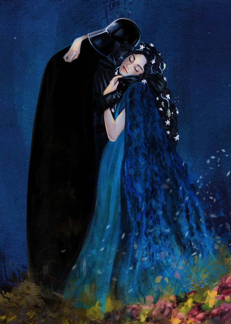 a painting of a woman dressed in black and blue, with her arms around her head