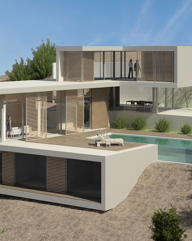 this is an artist's rendering of a modern house in the desert with a pool