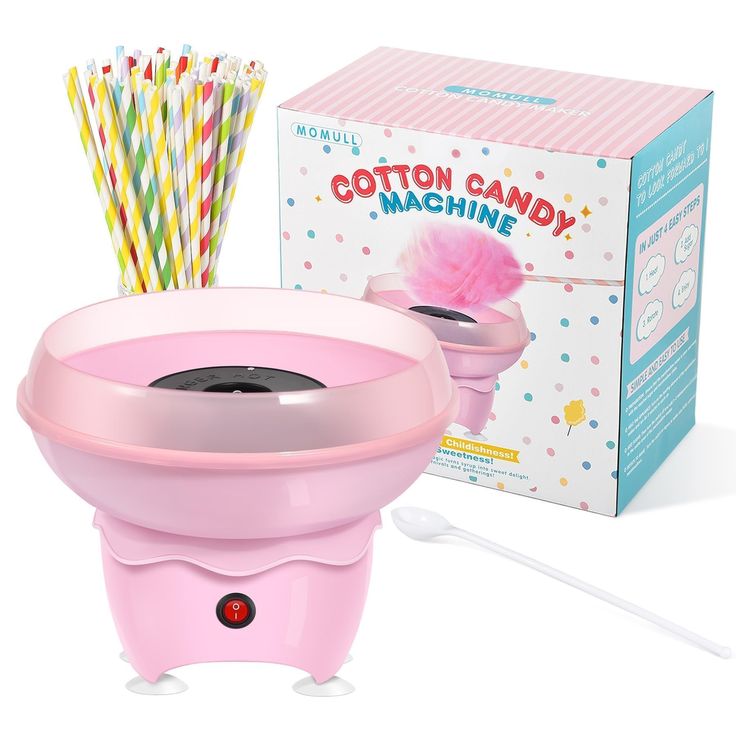 a pink cotton candy machine next to a box of straws and paper straws