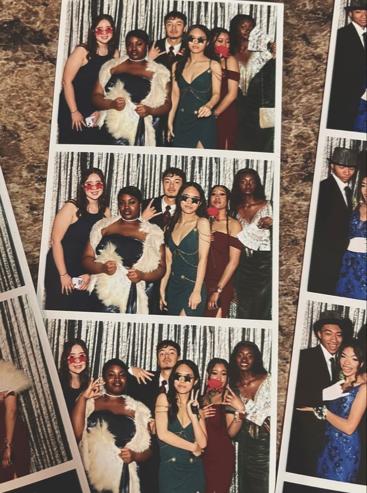 a group of people standing next to each other in front of a photo booth at a party