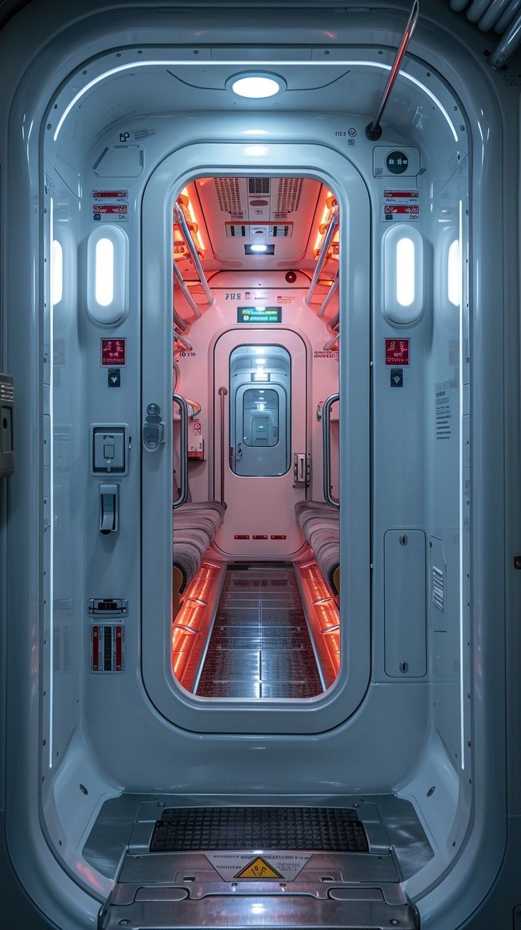 the interior of a space shuttle with lights on and door open to another room that is lit up