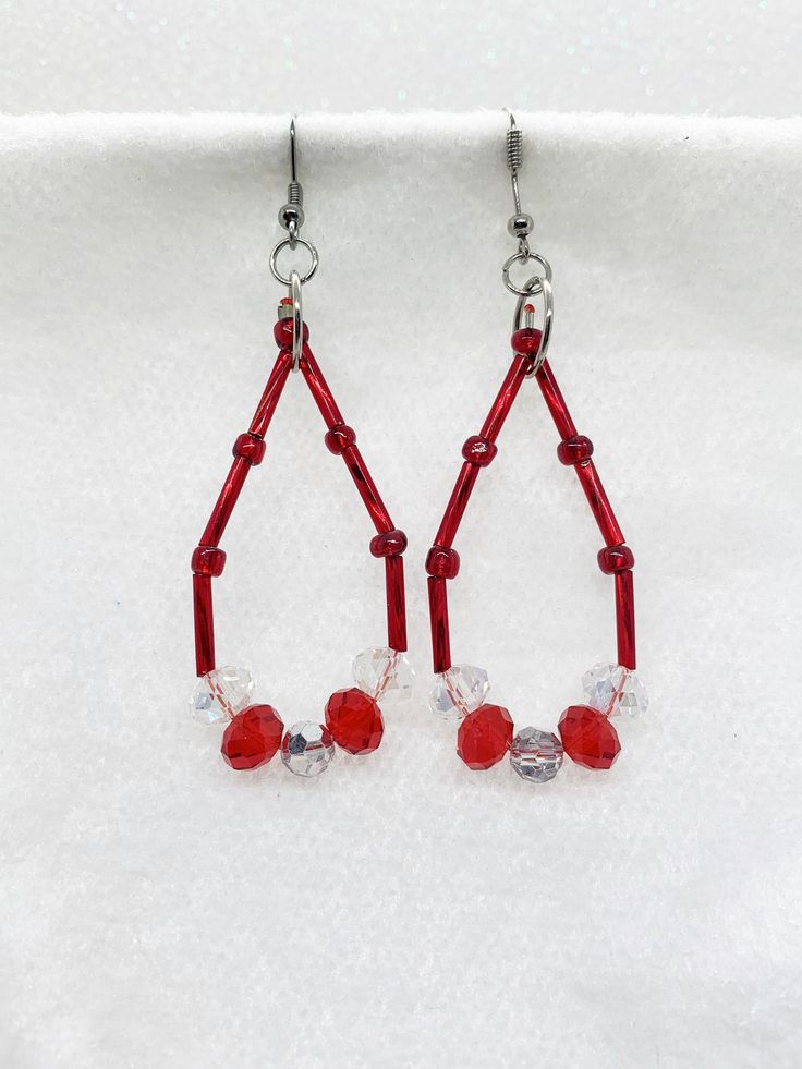 Tear Drop Red and Clear Earrings Clear Earrings, Bugle Beads, Tear Drop, Riverdale, Jewelry Earrings Dangle, Dangle Drop Earrings, Dangle Earrings, Jewelry Earrings, Ships