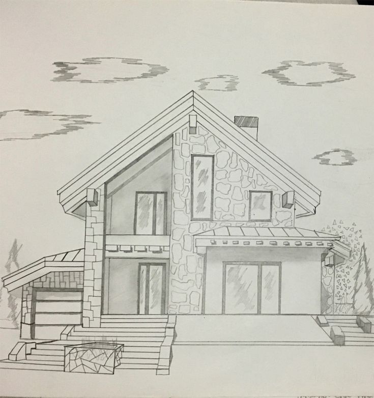 this is a drawing of a house in the day time and it appears to be sketched