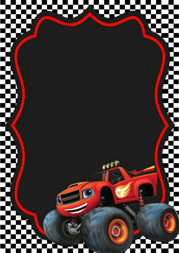 a red monster truck with flames on it's tires in front of a checkered background