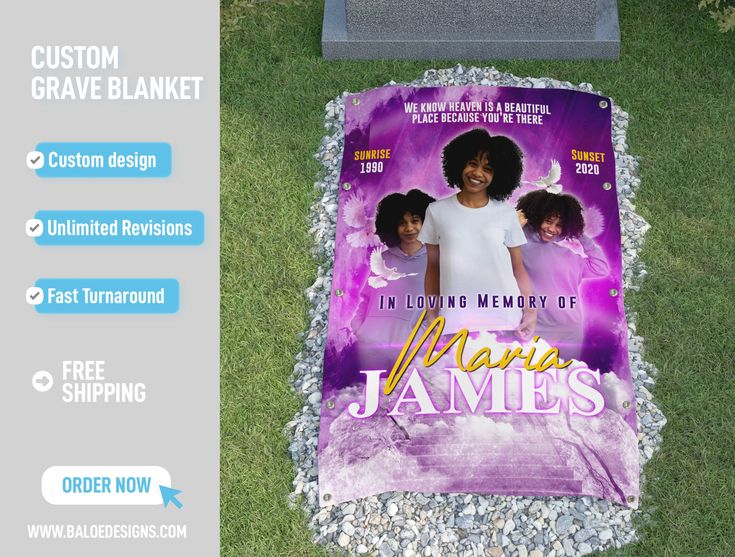 a memorial blanket with an image of mary james on it in front of a grave