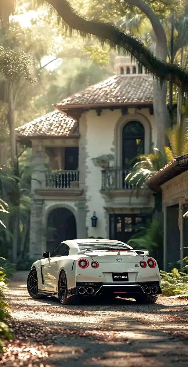 a white sports car is parked in front of a large house with trees and bushes