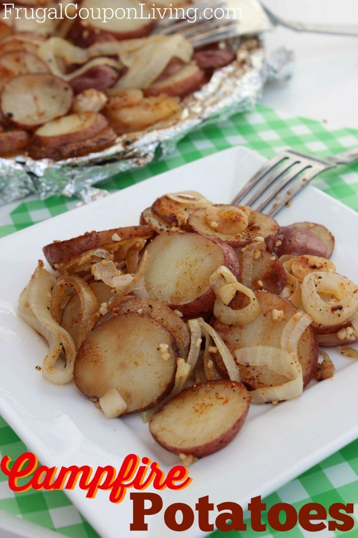 there is a white plate with food on it and the words campfire potatoes above it