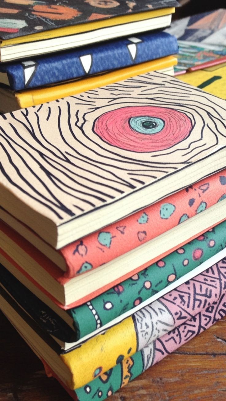 a stack of colorful books sitting on top of a wooden table next to each other