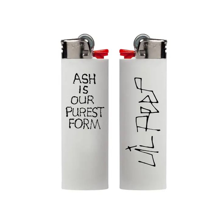 two white lighters with writing on them that say ash is our purest form