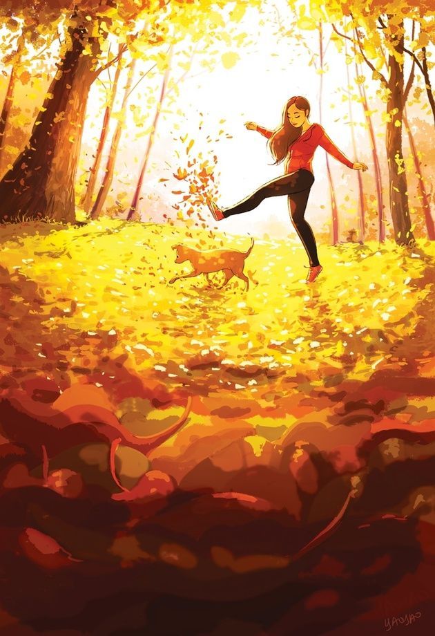 a painting of a woman running in the woods with her dog on a fall day