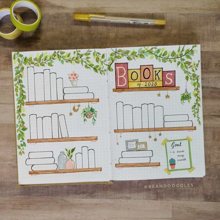 an open book with books on it next to some scissors and other items that are sitting on the table