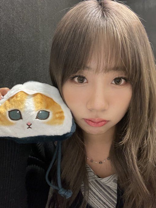 a girl with long hair holding up a stuffed animal cat pillow in front of her face