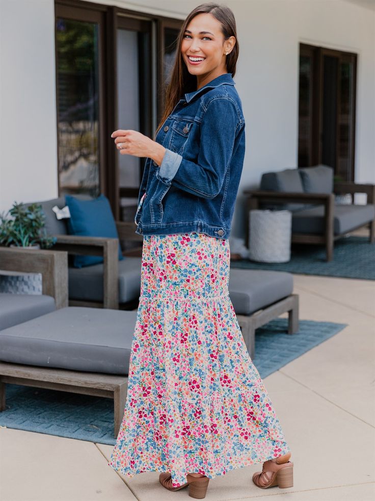 Hey there fashion lovers! Are you ready to add some fresh prints to your wardrobe? Our new Kendall Skirt is just what you need! This beautiful skirt will give your outfit a pop of color and flowy movement that will make you feel like a fashion icon. Pair it with a basic tee, jean jacket, and booties for a stylish and effortless look that will turn heads. Whether you're going out with friends or running errands, the Kendall Skirt is perfect for any occasion. Size: Small 0-4 Medium 6-8 Large 10-12 Casual Floral Print Maxi Skirt For Vacation, Spring Vacation Maxi Skirt With Elastic Waistband, Multicolor Rayon Skirt For Spring, Spring Multicolor Skirt With Elastic Waistband, Flowy Rayon Maxi Skirt For Spring, Spring Tiered Maxi Skirt In Rayon, Casual Flowy Bottoms For Brunch, Blue Rayon Maxi Skirt For Spring, Spring Vacation Flowy Skirt