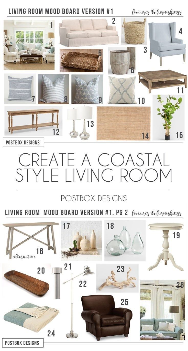 the living room mood board is filled with different furniture and decor items, including couches,