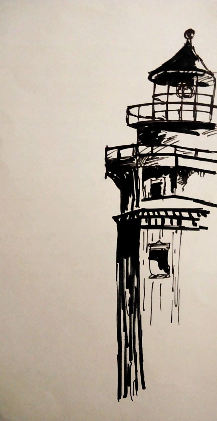 a black and white drawing of a lighthouse