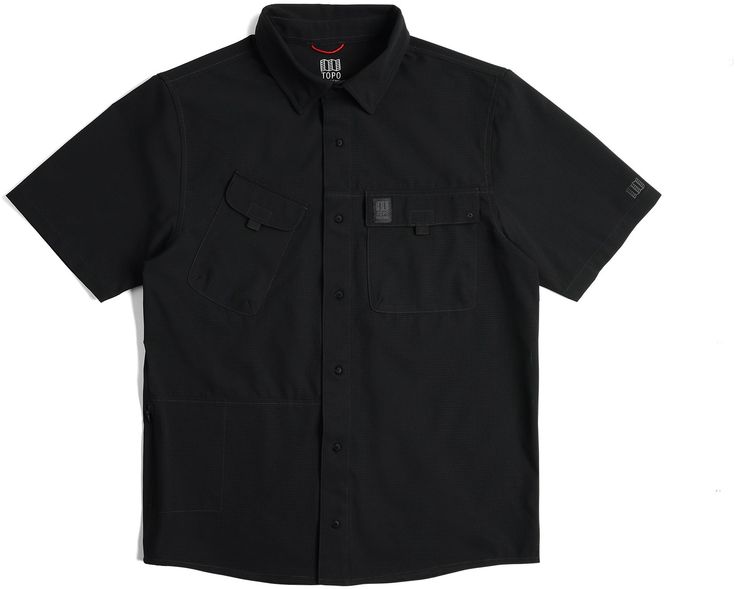 Inspired by classic outdoor and modern mountain culture  the men's Topo Designs Retro River shirt has a relaxed fit and lightweight and breathable fabric to keep you cool and dry in warmer temps. Black Camp Shirt For Summer Outdoor Activities, Black Summer Camp Shirt For Outdoor, Black Outdoor Tops With Pockets, Black Tops With Pockets For Outdoor Activities, Black Short Sleeve Camp Shirt For Outdoor, Outdoor Tops With Pockets, Black Short Sleeve Shirt For Outdoor Activities, Functional Cotton Shirt For Outdoor, Functional Moisture-wicking Shirt For Outdoor