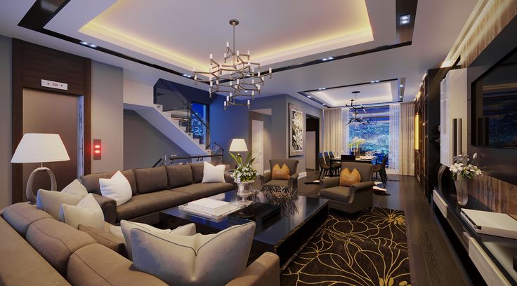 a living room filled with lots of furniture and a chandelier hanging from the ceiling